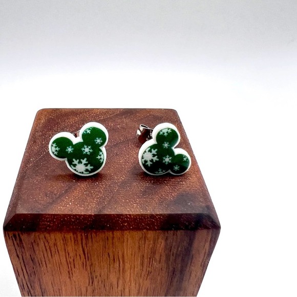 Green Mickey Mouse snowflake stud earrings. Christmas, Winter, Holiday. - Picture 2 of 9